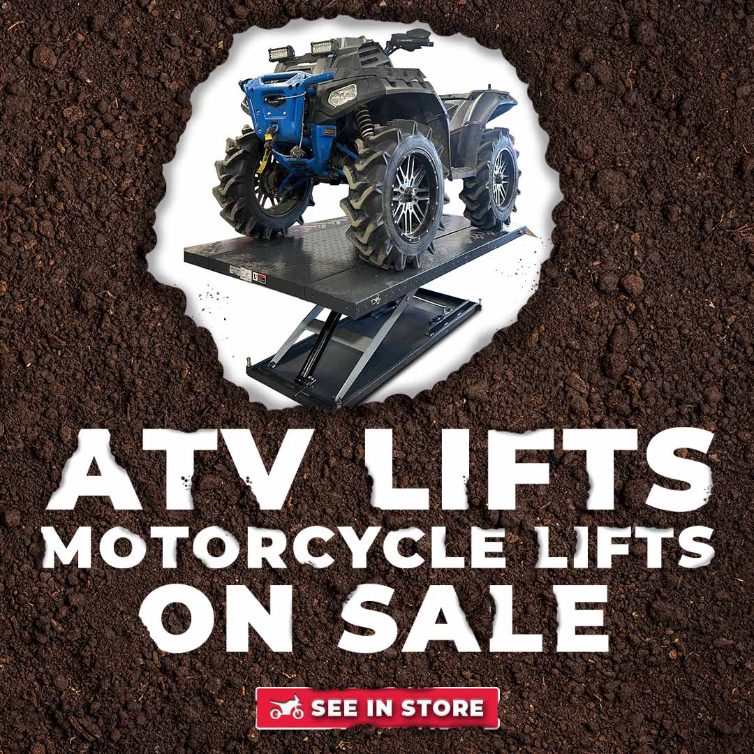 Blue ATV on a black lift. ATV lifts motorcycle lifts on sale, see in store